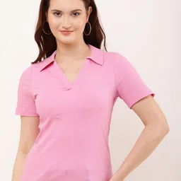 putsum Women Ribbed Polo Collar Cotton Top-image-26