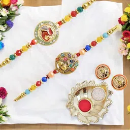 MEIRA JEWELLERY Set Of 2 Designer Beaded Rakhis With Greeting Card & Roli Chawal-image-28