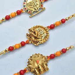 MEIRA JEWELLERY Pack of 3 Mauli Thread Rakhi with Roli Chawal & Greeting Card-image-35