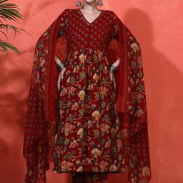 Sangria Floral Embroidered A-Line Pure Cotton Kurta With Trousers & Dupatta-picture-23