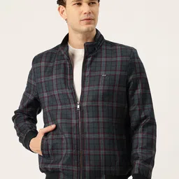Monte Carlo Tartan Checked Twill Weave Mock Collar Pure Wool Bomber Jacket-picture-3