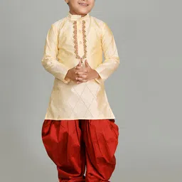 NFC CREATION Boys Ethnic Motifs Embroidered Regular Thread Work Dupion Silk Kurta with Patiala-image-93