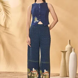 Masaba Women Blue CPaw Tree Denim Waistcoat Trousers Co-Ords-image-26