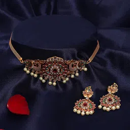 Rujve Jewellery Gold Plated Cubic Zirconia Studded Traditional Jewellery Set-image-98