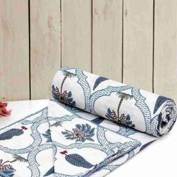 JP SHINE Blue & White Ethnic Motifs AC Room 210 GSM Cotton Reversible Double Bed Dohar-image-57