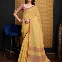 DIVASTRI Zari Pure Linen Saree with Blouse Piece-image-14