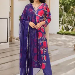 Ishin Women Floral Printed Regular Kurta with Trousers & With Dupatta-picture-1