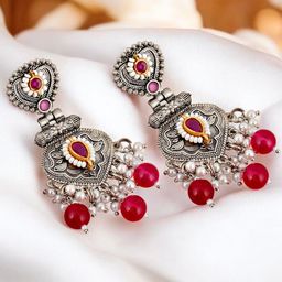 LUCKY JEWELLERY Silver-Plated Oxidised Artificial Beaded Contemporary Shaped Drop Earrings-19