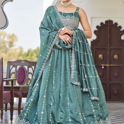 SHOPGARB Embroidered Thread Work Semi-Stitched Lehenga & Unstitched Blouse With Dupatta image 4