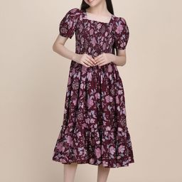 YK Girls Purple Polyester Printed Puff Sleeve Fit & Flare Midi Dress-picture-9