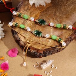 Sangria Beaded Bhai Bhabhi Thread Rakhis With Greeting Card & Roli Chawal-image-60