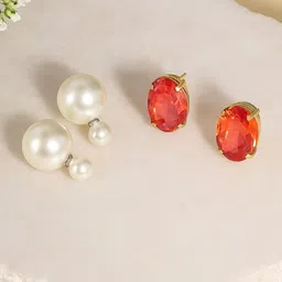 ORANGENYSHA Set Of 2 Gold-Plated Crystals Studded & Pearls Beaded Double Sided Studs-picture-25