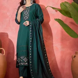 Sangria Floral Embroidered Thread Work Pure Silk Straight Kurta & Trousers With Dupatta-34