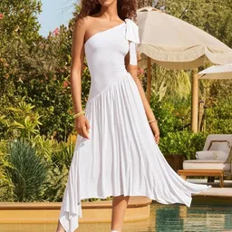 TRAQUILA Women One Shoulder Fit & Flare Midi Dress-picture-32