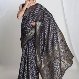 Janasya Navy Blue Geometric Floral Banarasi Saree with Blouse Piece-image-52