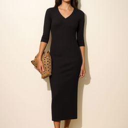 SASSAFRAS Women V-Neck Ribbed Bodycon Midi Dress-picture-8