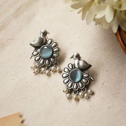 NAMAN ARTS Silver-Plated Stones Studded & Beaded Oxidised Animal Shaped Drop Earrings-47