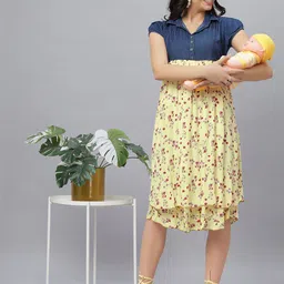 Mammas Maternity Women Floral Print Shirt Collar Maternity A-Line Midi Dress-image-36