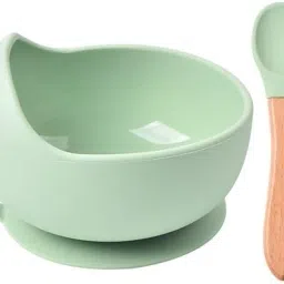 Bowl & Spoon with Wood Handle for Baby Feeding, bowl (green)- Silicone-10