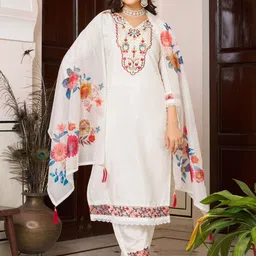 Moda Rapido Women Floral Embroidered Regular Thread Work Chanderi Silk Kurta set-image-13