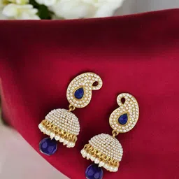 ANIKAS CREATION Gold-Plated Artificial Stones Studded And Beaded Dome Shaped Jhumkas-3