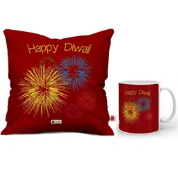 Indigifts Set Of 2 Red Printed Square Cushions With Fillers & Ceramic Mug image 1