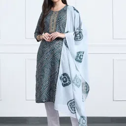 FASHION DREAM Bandhani Printed Thread Work Straight Kurta With Trouser & Dupatta-10