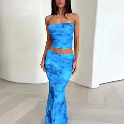 KPOP Printed Shoulder Straps Sleeveless Crop Top With Maxi Skirt Co-Ords-image-80