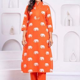 AUTUMN LANE Women Ethnic Motifs Printed Cotton Kurta with Trousers-image-51