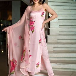 KALINI Women Floral Printed Regular Silk Crepe Kurta with Trousers & With Dupatta-10