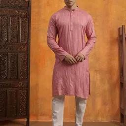 HERE&NOW Geometric Embroidered Mandarin Collar Mirror Work Straight Kurta-37