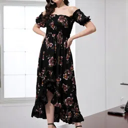 OOMPH! FACTOR Women Floral Print Off-Shoulder Puff Sleeve Crepe Fit & Flare Maxi Dress-image-74