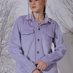 NEUDIS Women Corduroy Spread Collar Denim Jacket-image-58