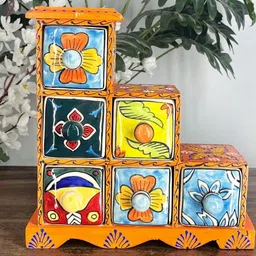 DIWAM HANDICRAFTS Orange & White Wooden and Ceramic Drawer Chest Trinket Box-picture-27