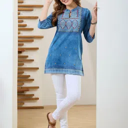 keshubaba Ethnic Motifs Printed Thread Work Mandarin Collar Denim Kurti-picture-43