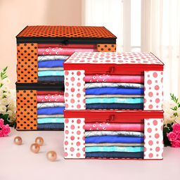 Aura Red & Orange 4 Pieces Polka Dot Printed Foldable Non-Woven Multi-Utility Organisers-43