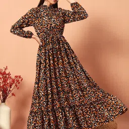 Jash Creation Animal Print Puff Sleeve Fit & Flare Maxi Dress-image-89