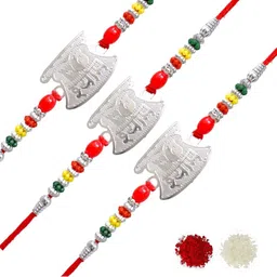 MEIRA JEWELLERY 3-Pcs German Silver Rakhi Khatu Shya With Roli Chawal & Greeting Card-image-11