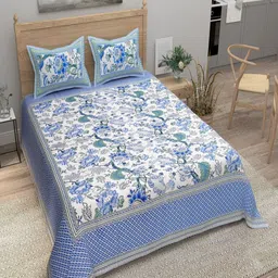 Bombay Spreads Blue & Off White Floral Cotton 180 TC King Bedsheet Set 2.74 m X 2.20 m-image-64