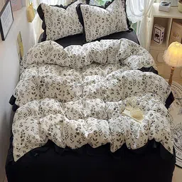 JC HOME Black & White 4 Pieces Floral Double King Regular Bedding Set-picture-46