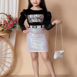 SPAMitude Girls Embellished Puff Sleeve Velvet Bodycon Dress-image-64