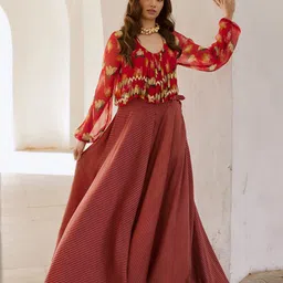 Pallavi Jaipur Gulbahar Chilly Printed Boho Top And Skirt With Belt image 3