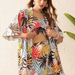 STREET 9 Floral Printed Shoulder Straps Neck Top With Shrug & Shorts Co-Ords-picture-7