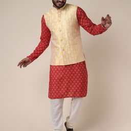 W & G Men Paisley Printed Kurta with Churidar & Nehru Jacket-picture-11