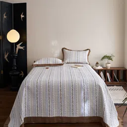 JC HOME White & Blue Floral Printed 162 TC Double King Bed Cover & 2 Pillow Covers-image-68