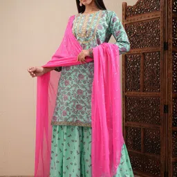 Vishudh Women Floral Printed Regular Thread Work Kurta with Sharara & With Dupatta-picture-5