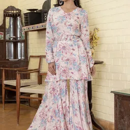 RangDeep Floral Printed V-Neck Anarkali Kurta with Sharara-picture-11
