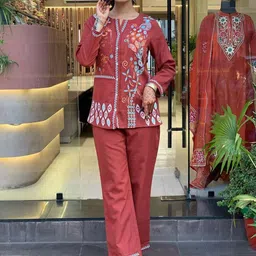 Sadika Embroidered Round Neck Top With Trousers Co-Ords-image-17