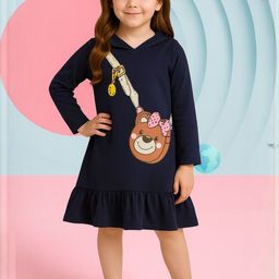 YK Girls Navy Blue BLENDED Printed Fit and Flare Dresses-picture-37