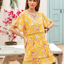 JC Mode Floral Printed V-Neck Flared Sleeves A-Line Dress-image-18